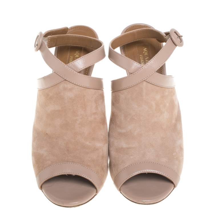 Pre Owned Aquazzura Beige Suede And Leather Trim Mule Sandals Size 37.5
