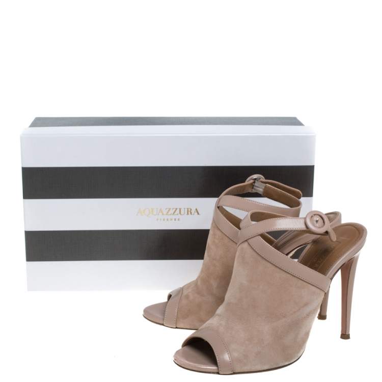Pre Owned Aquazzura Beige Suede And Leather Trim Mule Sandals Size 37.5