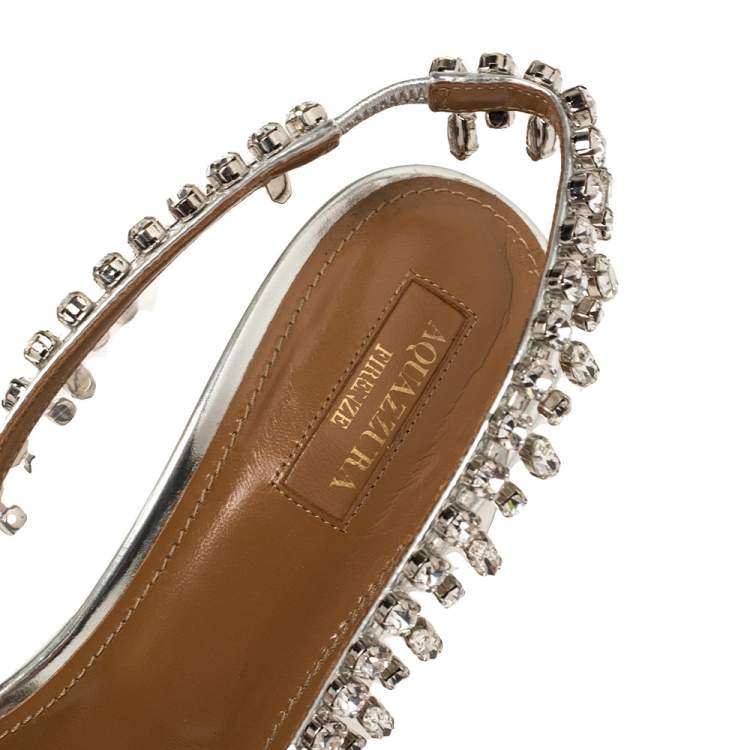 Pre Owned Aquazzura Silver PVC And Leather Temptation Crystal Sandals Size 40