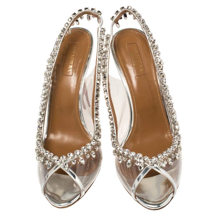 Pre Owned Aquazzura Silver PVC And Leather Temptation Crystal Sandals Size 40