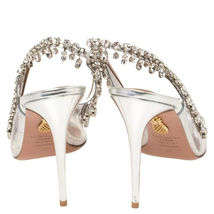 Pre Owned Aquazzura Silver PVC And Leather Temptation Crystal Sandals Size 40