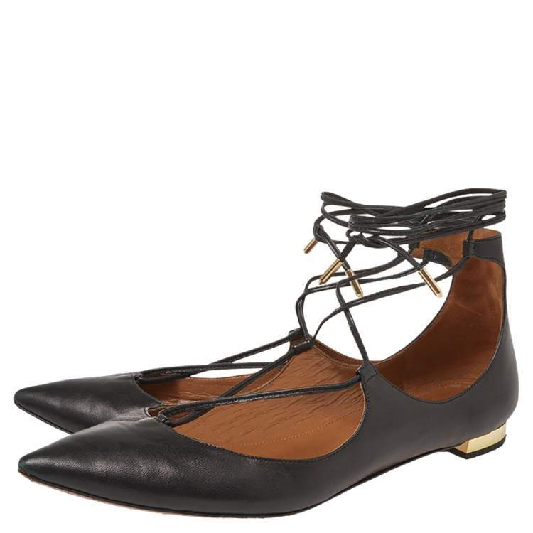 Pre Owned Aquazzura Black Leather Christy Pointed Toe Ankle Wrap Flats Size 39
