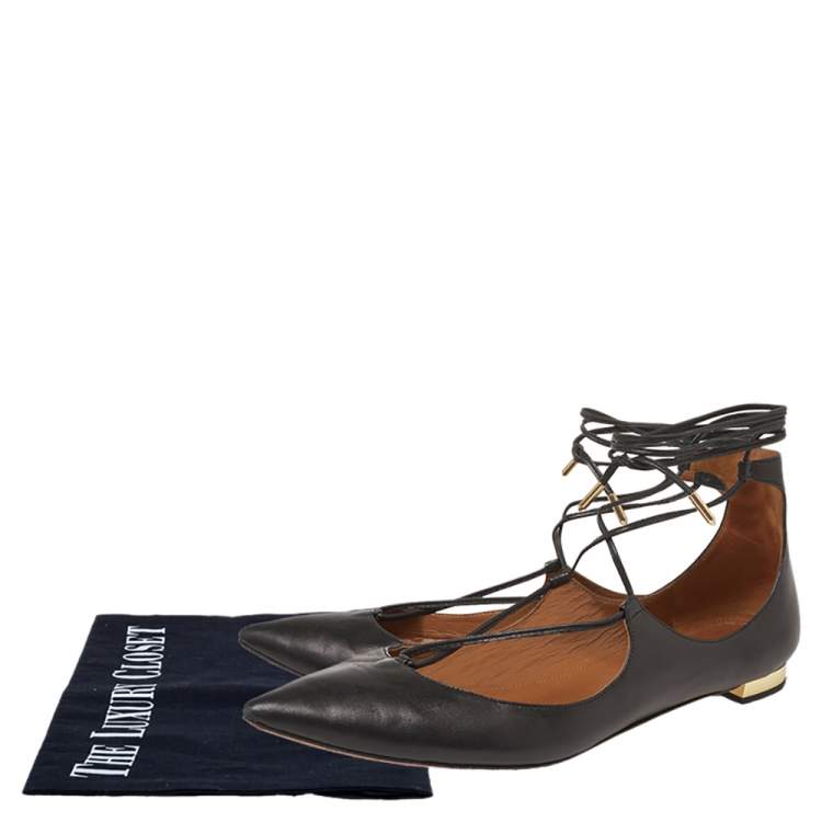 Pre Owned Aquazzura Black Leather Christy Pointed Toe Ankle Wrap Flats Size 39