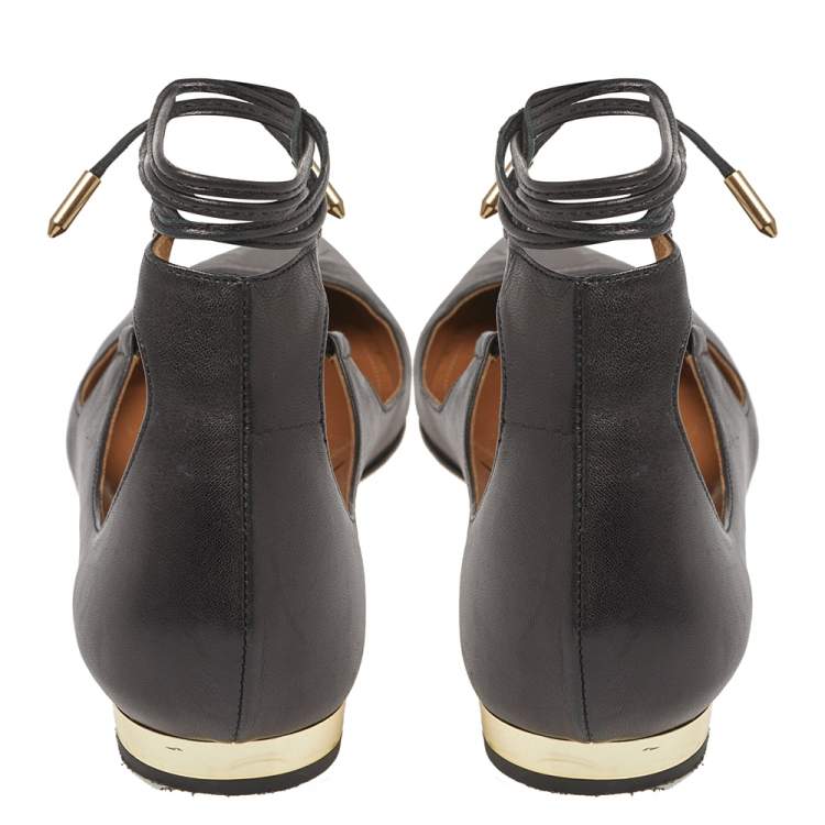 Pre Owned Aquazzura Black Leather Christy Pointed Toe Ankle Wrap Flats Size 39