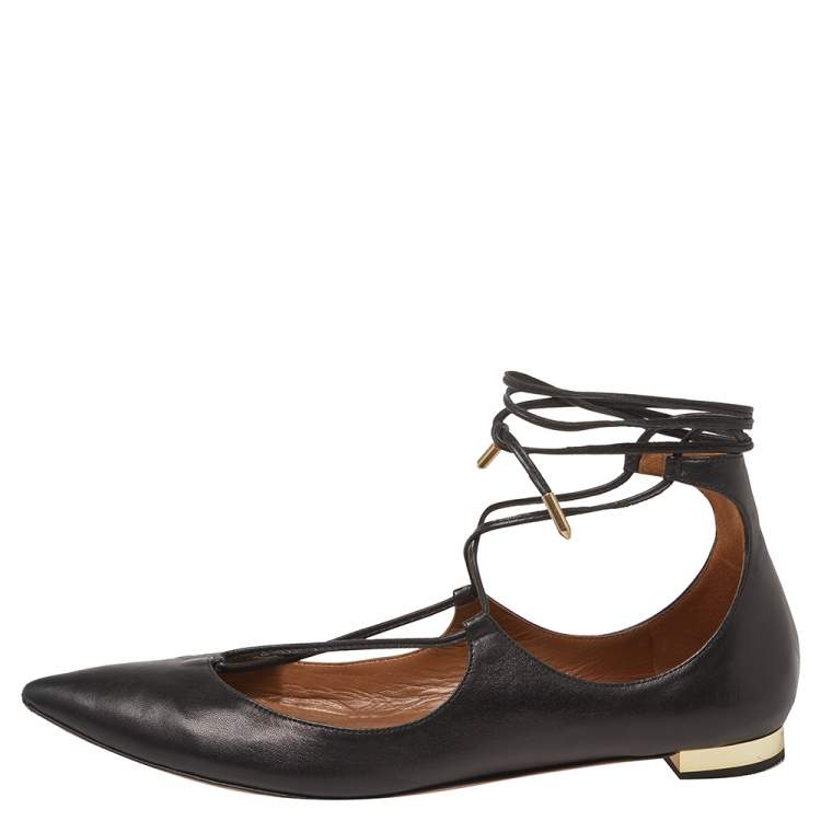 Pre Owned Aquazzura Black Leather Christy Pointed Toe Ankle Wrap Flats Size 39