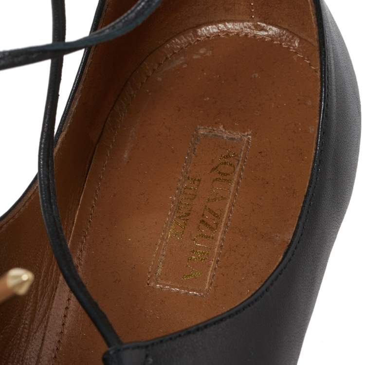 Pre Owned Aquazzura Black Leather Christy Pointed Toe Ankle Wrap Flats Size 39