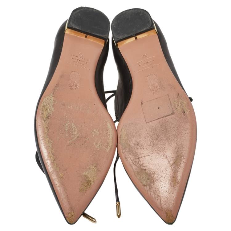 Pre Owned Aquazzura Black Leather Christy Pointed Toe Ankle Wrap Flats Size 39