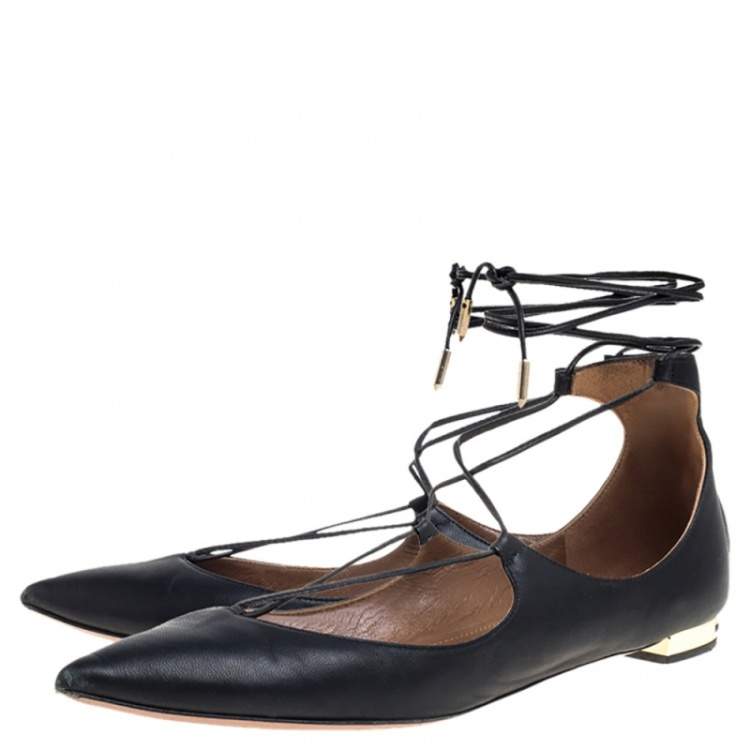 Pre Owned Aquazzura Black Leather Christy Flat Sandals Size 38.5