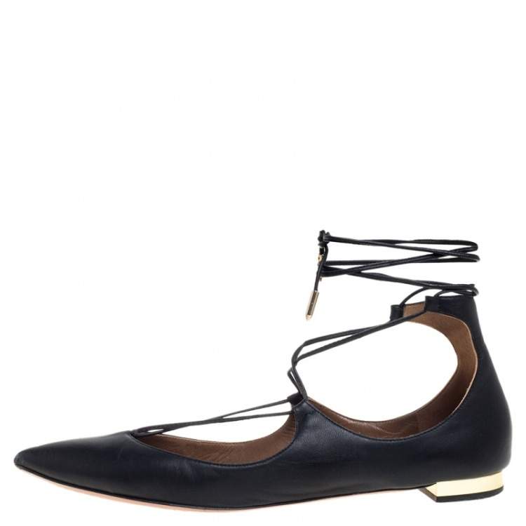 Pre Owned Aquazzura Black Leather Christy Flat Sandals Size 38.5