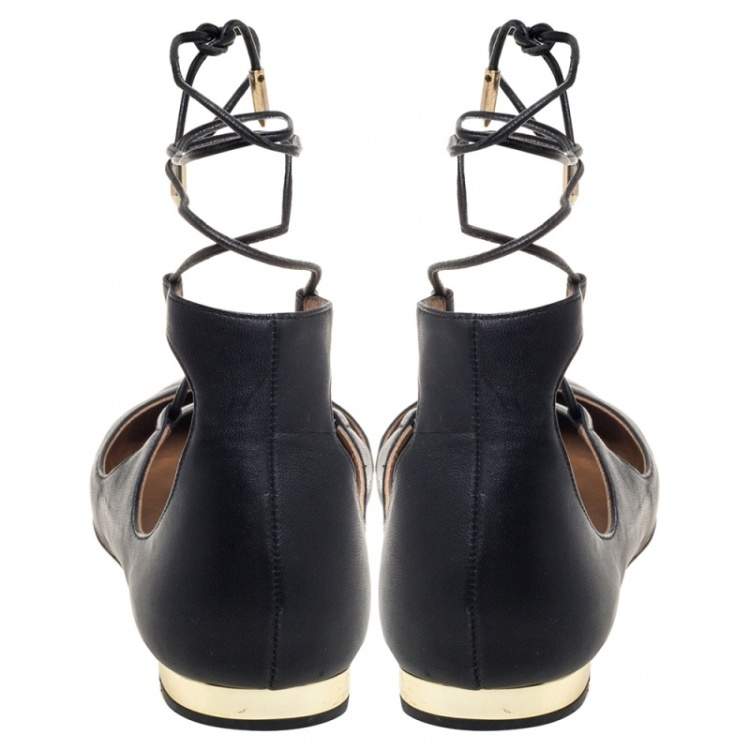 Pre Owned Aquazzura Black Leather Christy Flat Sandals Size 38.5