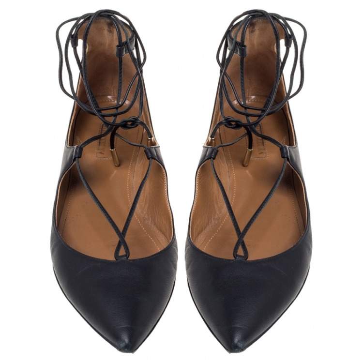 Pre Owned Aquazzura Black Leather Christy Flat Sandals Size 38.5