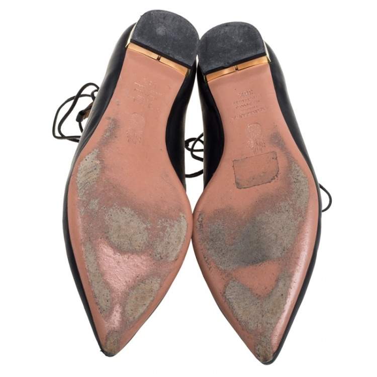 Pre Owned Aquazzura Black Leather Christy Flat Sandals Size 38.5