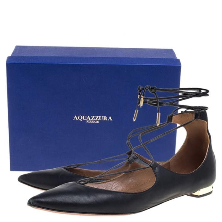 Pre Owned Aquazzura Black Leather Christy Flat Sandals Size 38.5