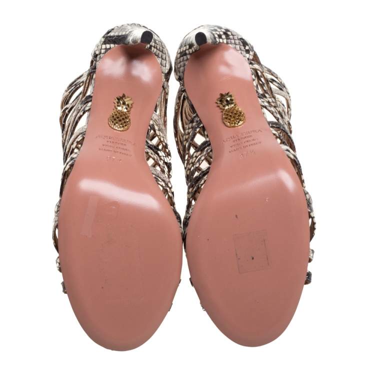 Pre Owned Aquazzura Beige/Brown Python Embossed Leather Knockout Sandals Size 37.5