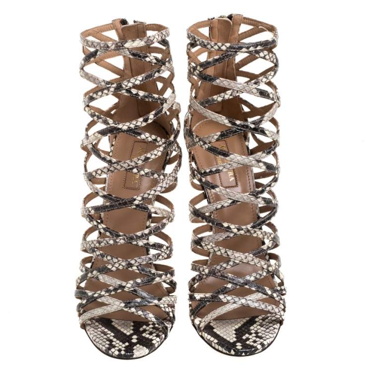Pre Owned Aquazzura Beige/Brown Python Embossed Leather Knockout Sandals Size 37.5