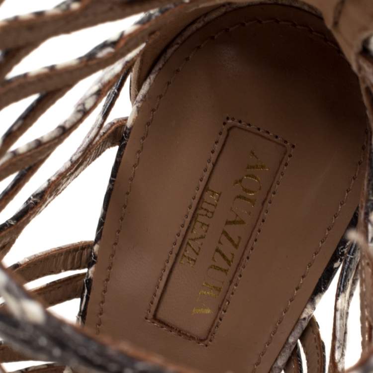 Pre Owned Aquazzura Beige/Brown Python Embossed Leather Knockout Sandals Size 37.5