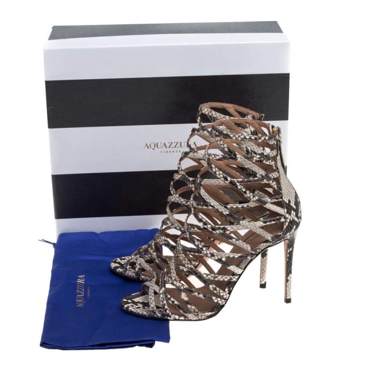 Pre Owned Aquazzura Beige/Brown Python Embossed Leather Knockout Sandals Size 37.5