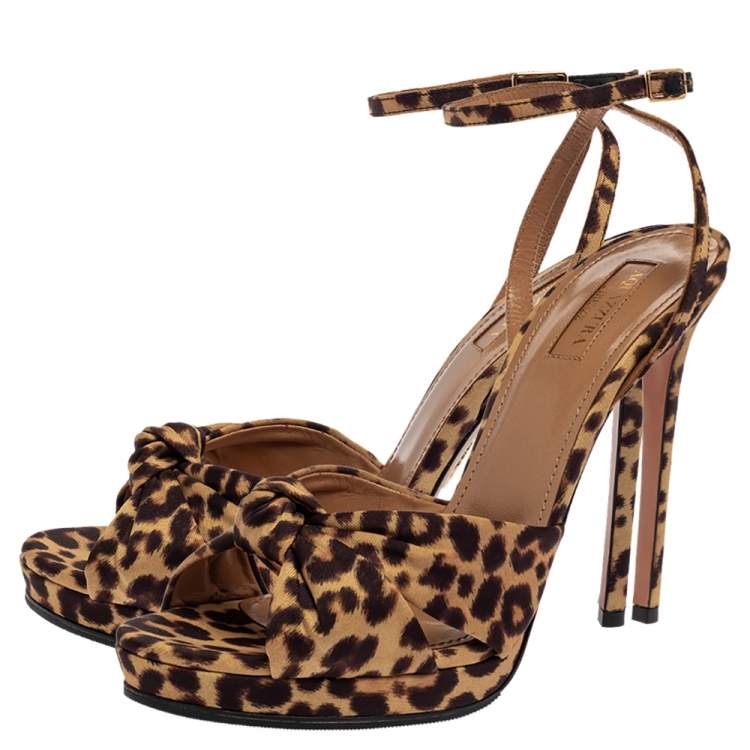 Pre Owned Aquazzura Beige Leopard Print Fabric Chance115 Faille Platform Sandals Size 39