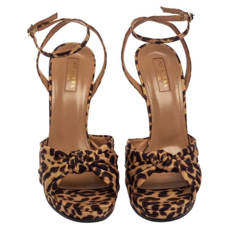 Pre Owned Aquazzura Beige Leopard Print Fabric Chance115 Faille Platform Sandals Size 39