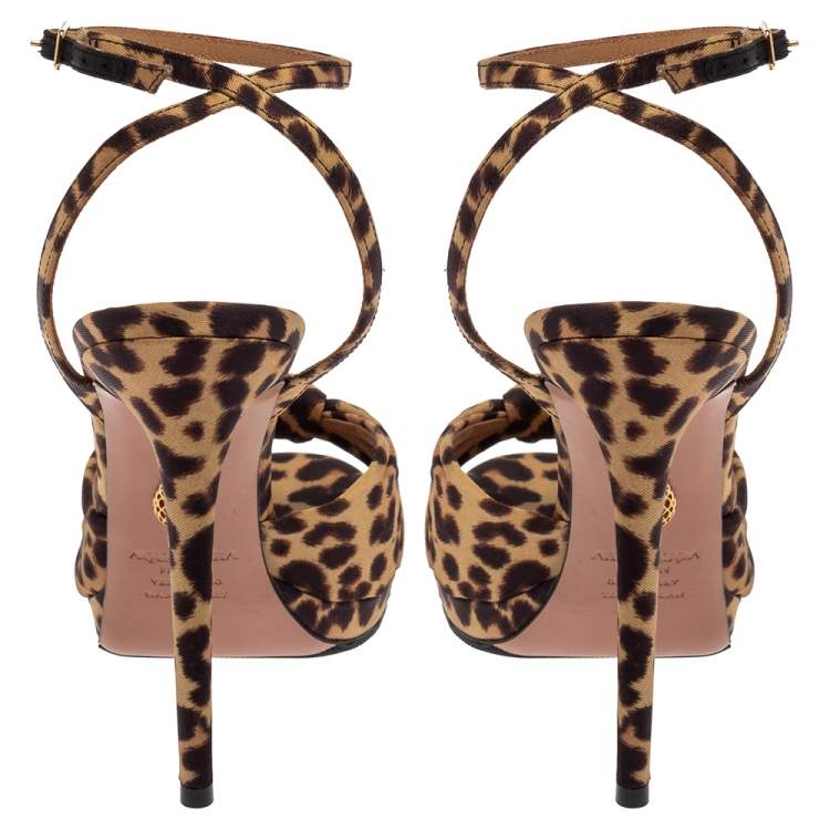 Pre Owned Aquazzura Beige Leopard Print Fabric Chance115 Faille Platform Sandals Size 39