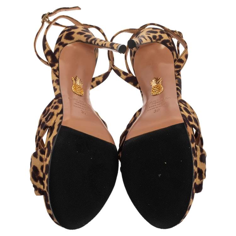 Pre Owned Aquazzura Beige Leopard Print Fabric Chance115 Faille Platform Sandals Size 39
