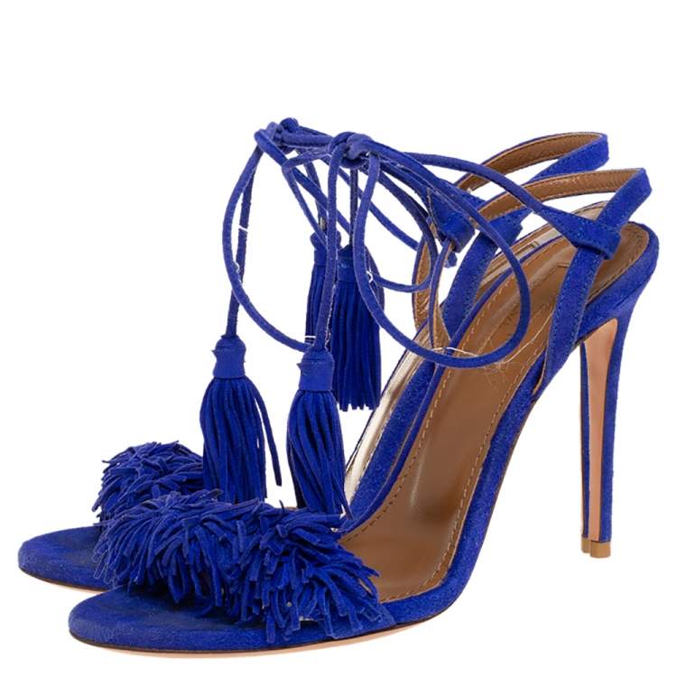 Pre Owned Aquazzura Blue Suede Wild Thing Ankle Wrap Sandals Size 36