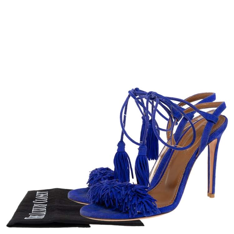 Pre Owned Aquazzura Blue Suede Wild Thing Ankle Wrap Sandals Size 36