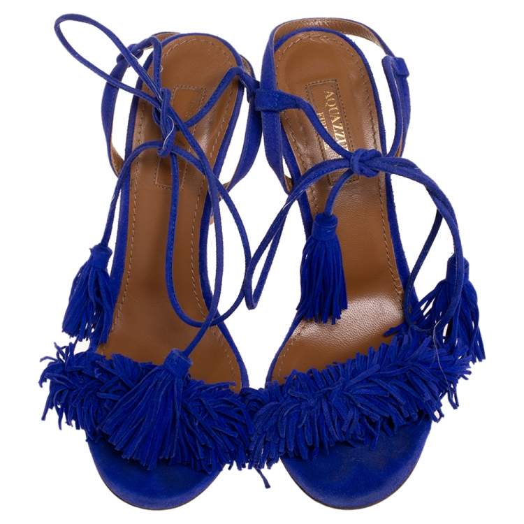 Pre Owned Aquazzura Blue Suede Wild Thing Ankle Wrap Sandals Size 36