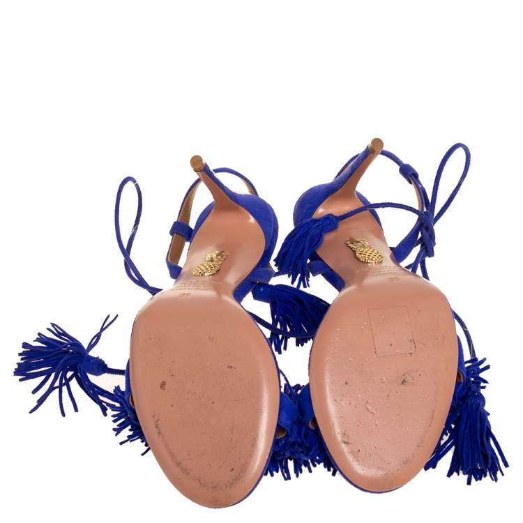 Pre Owned Aquazzura Blue Suede Wild Thing Ankle Wrap Sandals Size 36