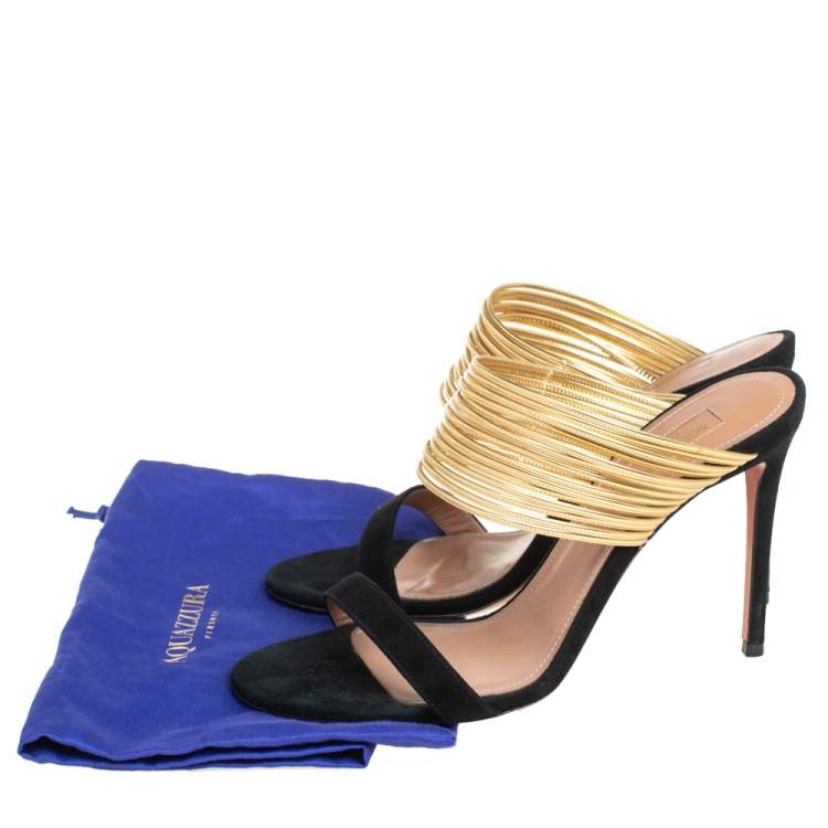 Pre Owned Aquazzura Black/Gold Suede And Leather Rendez Vous 105 Slide Sandals Size 38