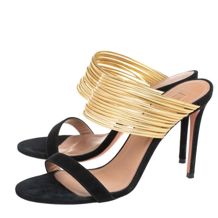 Pre Owned Aquazzura Black/Gold Suede And Leather Rendez Vous 105 Slide Sandals Size 38