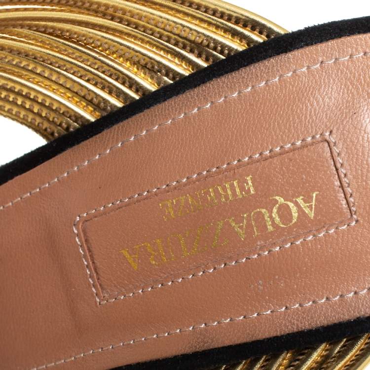 Pre Owned Aquazzura Black/Gold Suede And Leather Rendez Vous 105 Slide Sandals Size 38