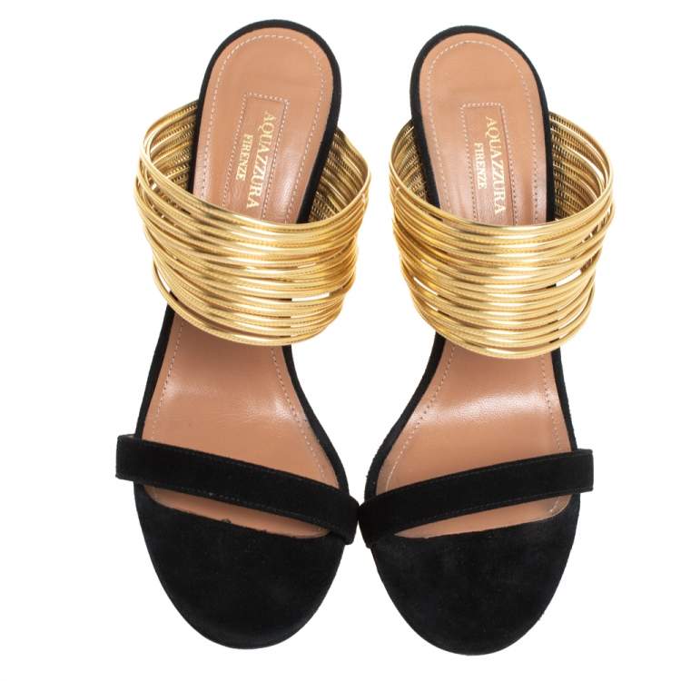 Pre Owned Aquazzura Black/Gold Suede And Leather Rendez Vous 105 Slide Sandals Size 38