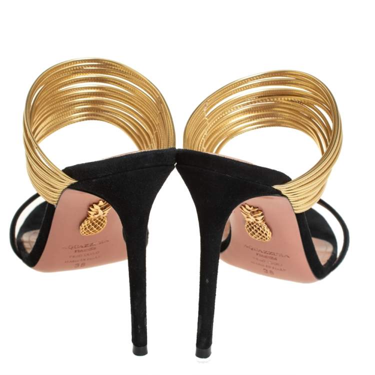 Pre Owned Aquazzura Black/Gold Suede And Leather Rendez Vous 105 Slide Sandals Size 38