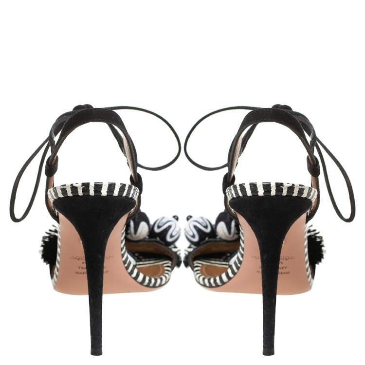 Pre Owned Aquazzura Black/White Suede Pom Pom Embellished Fringe Tassel Sandals Size 38