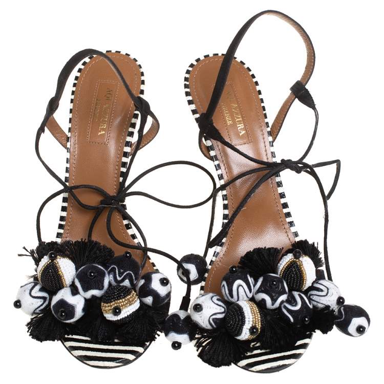 Pre Owned Aquazzura Black/White Suede Pom Pom Embellished Fringe Tassel Sandals Size 38