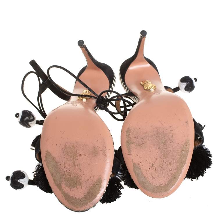Pre Owned Aquazzura Black/White Suede Pom Pom Embellished Fringe Tassel Sandals Size 38