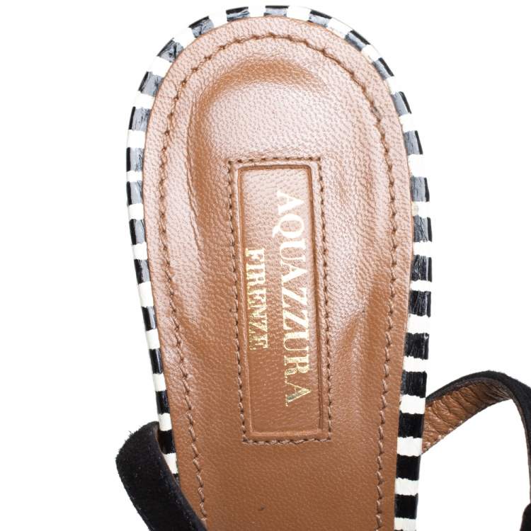 Pre Owned Aquazzura Black/White Suede Pom Pom Embellished Fringe Tassel Sandals Size 38