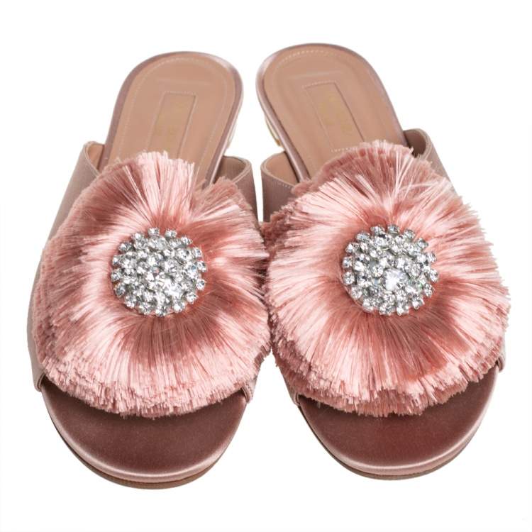 Pre Owned Aquazzura Pink Satin And Fur Crystal Lotus Slide Sandals Size 38