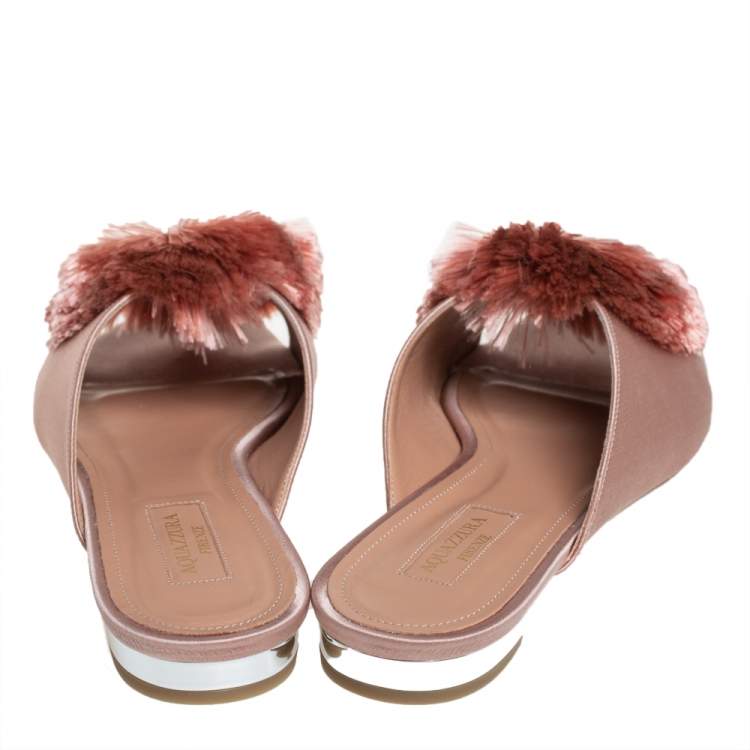 Pre Owned Aquazzura Pink Satin And Fur Crystal Lotus Slide Sandals Size 38