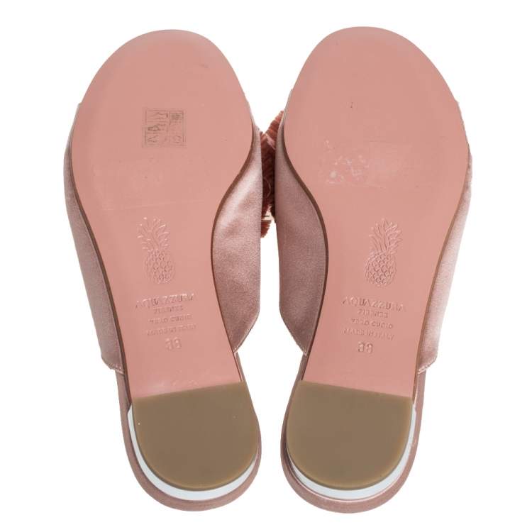 Pre Owned Aquazzura Pink Satin And Fur Crystal Lotus Slide Sandals Size 38