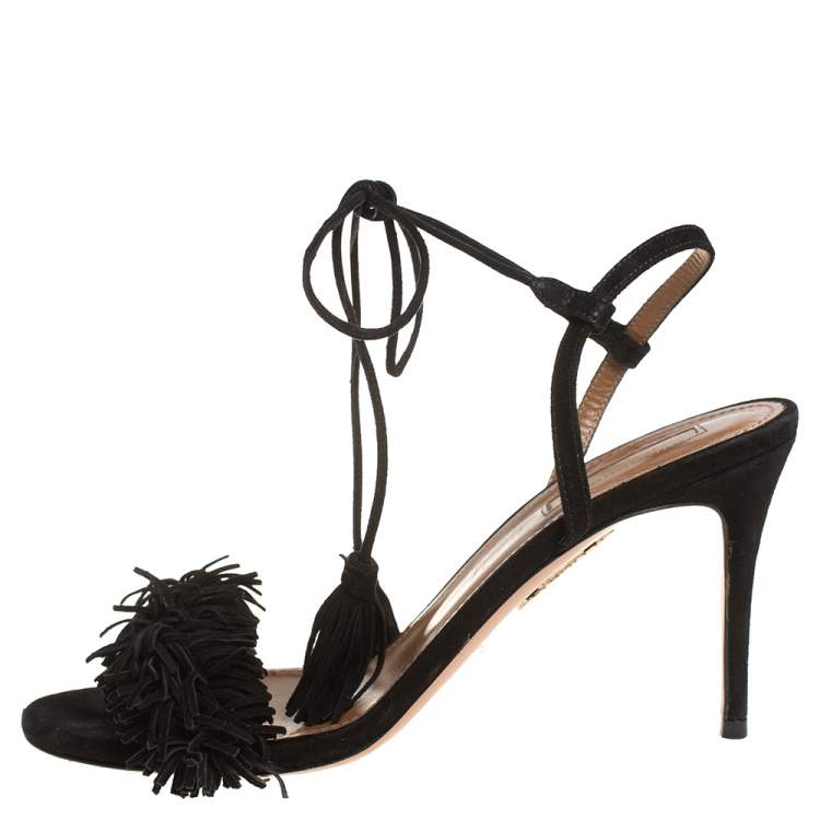 Pre Owned Aquazzura Black Fringed Suede Wild Thing Ankle Wrap Sandals Size 37