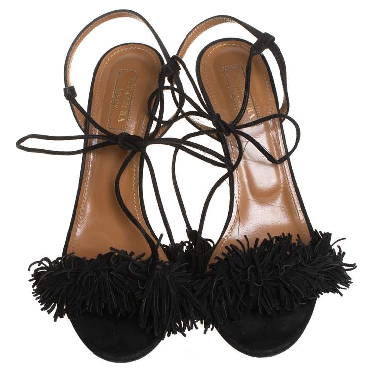 Pre Owned Aquazzura Black Fringed Suede Wild Thing Ankle Wrap Sandals Size 37
