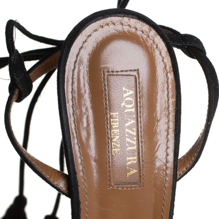 Pre Owned Aquazzura Black Fringed Suede Wild Thing Ankle Wrap Sandals Size 37