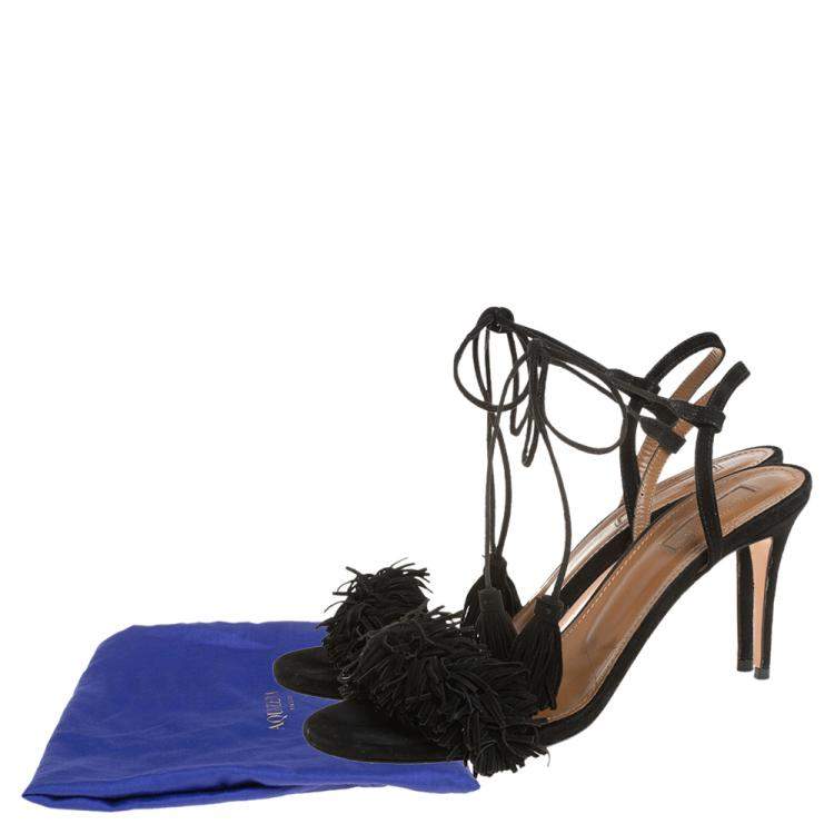 Pre Owned Aquazzura Black Fringed Suede Wild Thing Ankle Wrap Sandals Size 37