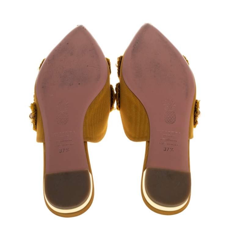 Pre Owned Aquazzura Mustard Fabric Sunflower Pointed Toe Flat Mules Size 37.5
