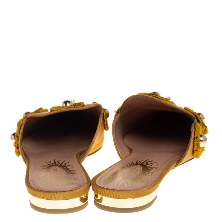 Pre Owned Aquazzura Mustard Fabric Sunflower Pointed Toe Flat Mules Size 37.5