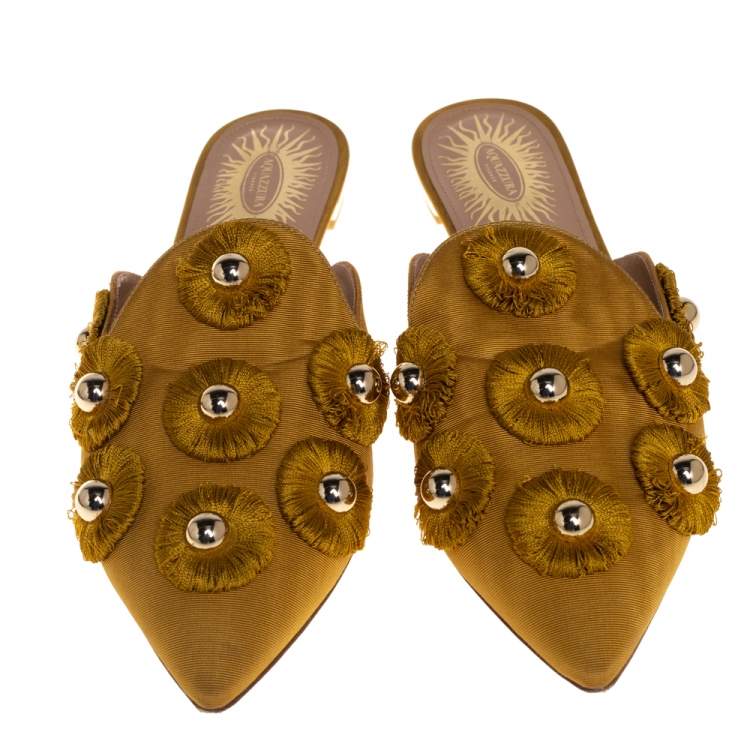 Pre Owned Aquazzura Mustard Fabric Sunflower Pointed Toe Flat Mules Size 37.5