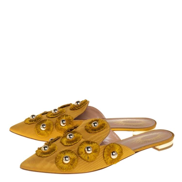 Pre Owned Aquazzura Mustard Fabric Sunflower Pointed Toe Flat Mules Size 37.5