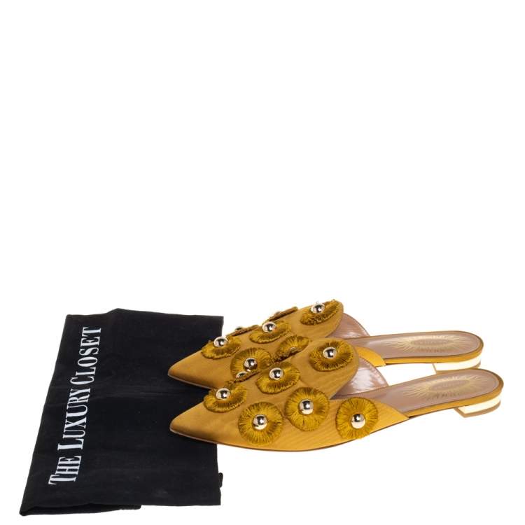 Pre Owned Aquazzura Mustard Fabric Sunflower Pointed Toe Flat Mules Size 37.5